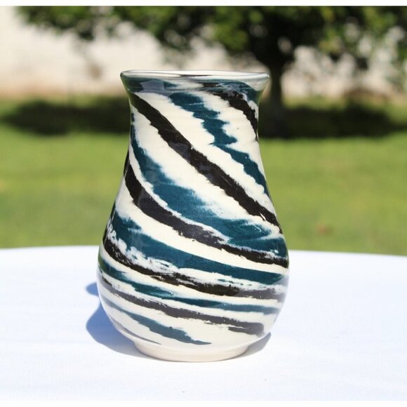 Ceramic Porcelain Marbled Blue and Black Vase Art Studio Pottery Signed - Picture 6 of 9